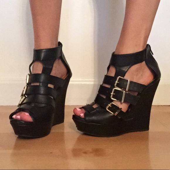 Shoes - Pleather black strappy wedge with buckles!